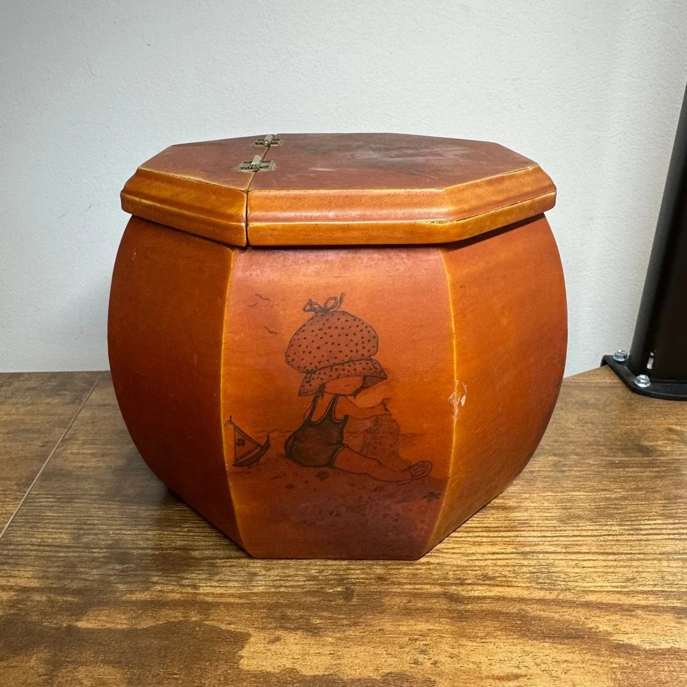 Vintage Wooden Octagon Sewing Box Sunbonnet Girl Illustrations Storage Bin